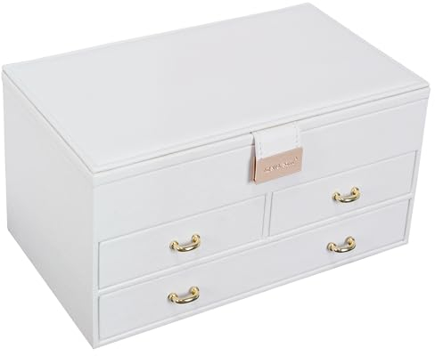 ADEL DREAM Schmuckkästchen, 3-stöckiges Schmuckkästchen mit rotgoldener Schnalle, Schmuckaufbewahrung aus PU-Leder, weicher Samt, Geschenk für Ihre Lieben und Freunde(Bianco-11-3)