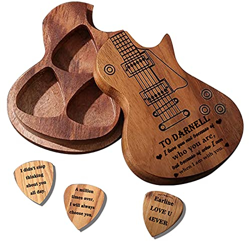 Custom Plektrenhalter mit 3 Stück Holz Plektren,Personalisierte Plektrenkoffer Box,Gravierter Name, Text, personalisiertes Geschenk für Papa, Ehemann, Freund, Sohn, Freunde