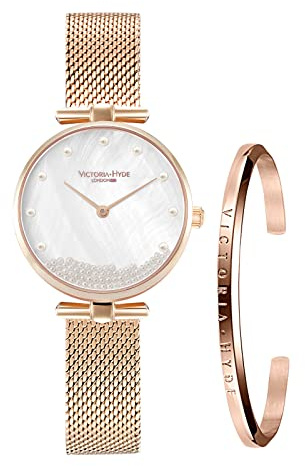 VICTORIA HYDE Damen Uhren Analog Quarz Damenuhr mit Perlmutt-Zifferblatt Armbanduhr Armreif Set