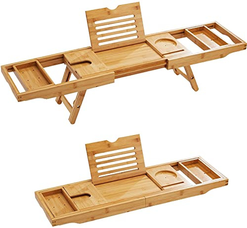 MantraRaj Bathtub Tray Bath Caddy Breakfast Tray Natural Bamboo Wood 2 in 1 Bath Tub Tray Bed Tray Expandable Luxury with Legs, Wine Glass Holder, Tablet Reading Stand, Phone Slot Present for Gift