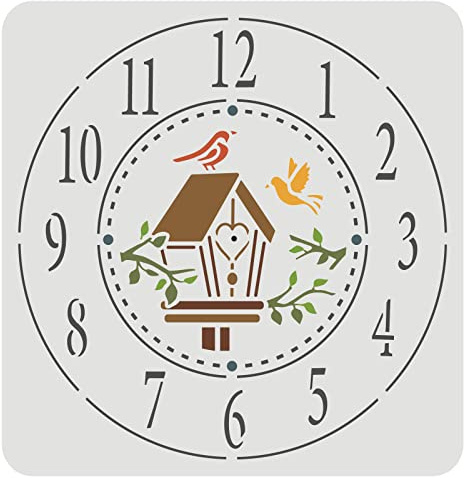 FINGERINSPIRE Orologio Stencil 30x30cm Creare fai da te Orologio Crafts Stencils Rami Uccello House Clock Stencils con Numero Riutilizzabile Orologio Decor Stencil per Dipingere su Pavimento e Legno