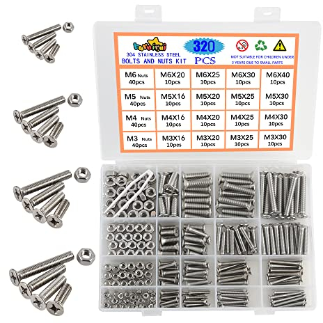 huruirui Nut and Bolts Set M3 M4 M5 M6 304 Stainless Steel Flat Head Cross Screw Bolt Nuts Kit Hexagon Machine Screw With Storage Box 320PCS