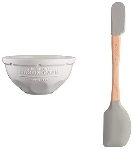 Mason Cash Innovative Kitchen Mixing Bowl, Ceramic, Off- White, 29 x 29 x 14 cm & 2008.204 Innovative Kitchen Spatula, Wood, Beige, 34 x 2.2 x 1 cm