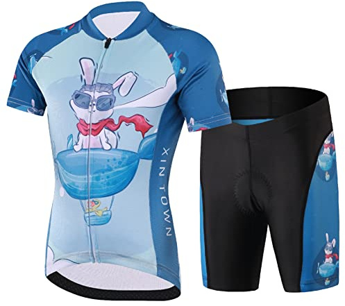 L SERVER Radtrikot Kinder Set Jungen mit Tasche Mädchen Elastisch Fahrradtrikot + Gepolsterte Shorts Atmungsaktiv Fahrradanzug, Fliegender Hase, L