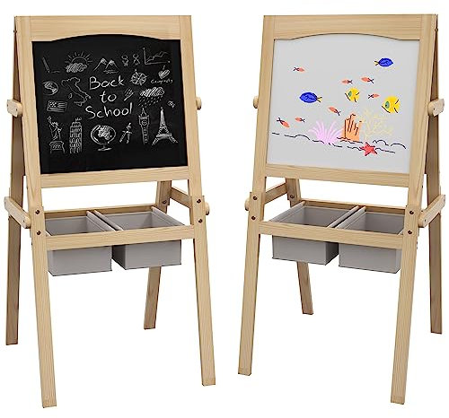 AIYAPLAY Lavagna per Bambini 3 in 1 Multiattività con Due Cestini, Cavalletto Artistico in Legno per Bambini 3-6 anni, 58x50.5x109cm