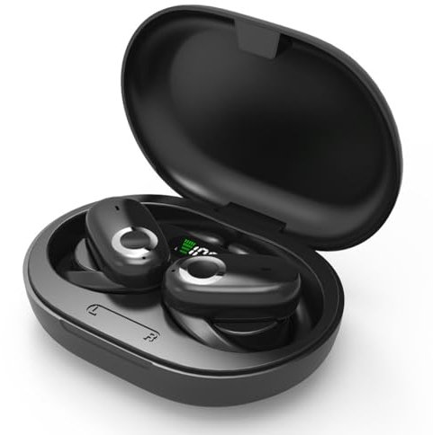 FAOONNMY No In-Ear TWS Bone Conduction Headphones Bluetooth 5.3，Ear Clip Running Sports Headphones，IPX5 Waterproof Sports Headphones Noise Cancellation，LED Power Screen Display Touch Headphones Black