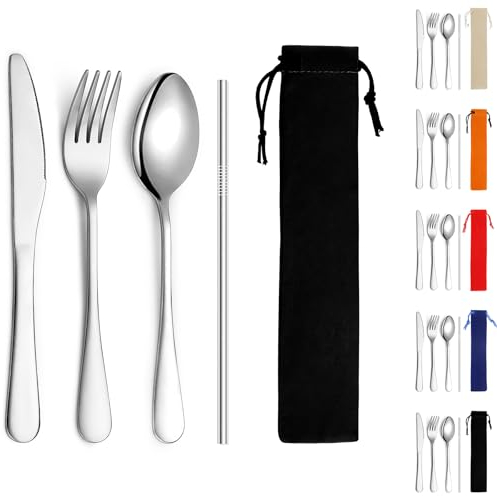Kyraton Ensemble de couverts portables, Fourchette, Cuillère et Paille, Set de Couverts de Camping avec Pochette Noire pour Cuisine Maison Camping Voyage, Lave-Vaisselle, ensemble de 4 pièces