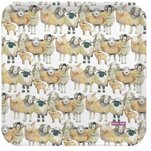 Emma Ball Farmyard Sheep Colourful Square Melamine Tray - Cream, Beige, Neutral - 29 cm