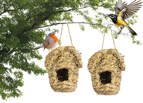 BESCH Pack 2 Nidos para Pájaros Pequeños de Hierba Natural 13x13x16cm Tejado Plano - Casita de Pajaro Colgante Exterior - Casa Pajaro Jardín