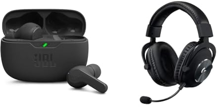 JBL Wave Beam – Kabellose In-Ear Ohrhörer mit IP54 und IPX2 Wasserdichtigkeit In Schwarz & Logitech G PRO X Gamer Over-Ear Headset mit Blue VO!CE Mikrofon