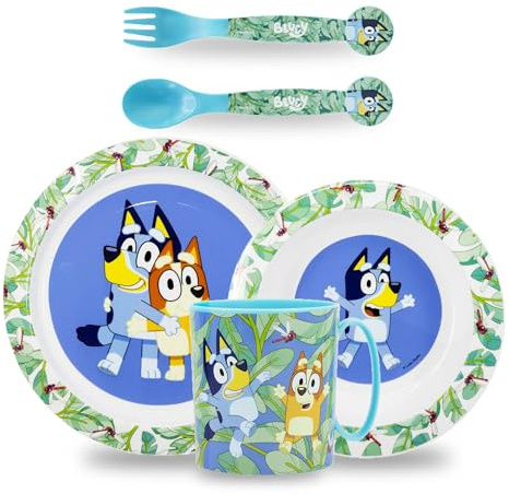 Sorrisini Vajilla Infantil Reutilizable Apta Para Microondas, Juego de Platos Irrompibles de Plástico para Niños, Set Plato, Cuenco Para Cereal, Cubiertos y Taza 390ml, Bluey