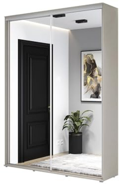 Meble Slupia - ZUZA 2 Garderobenschrank - Kleiderschrank mit Spiegel und Schiebetüren - 110x242x45cm - Kleiderstange Schrank - für Schlafzimmer, Flur - Holzwerkstoff, Kaschmir