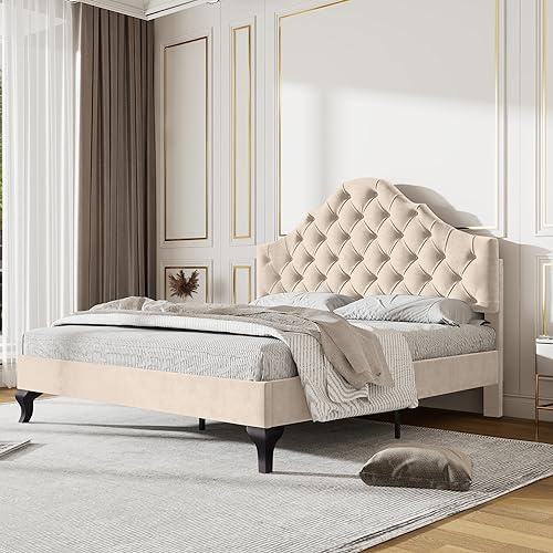 Azkoeesy Beige Polsterbett 140 x 190 cm, mit Lattenrost, mit Kopfteil in Kronenform, Mädchenbett, Doppelbett, Jugendbett, Samt