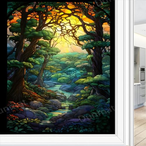Fantasy Forest Buntglas Fensterfolie Bunte Bäume Blume Natur Landschaft Privatsphäre Fensterfolie Glastürabdeckung Nicht klebende Fensteraufkleber für Badezimmer Küche 90 * 160cm