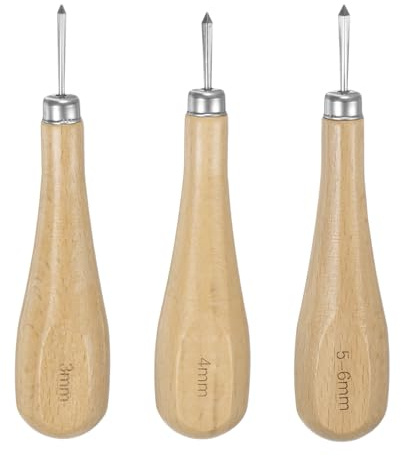 sourcing map Handwork Sewing Awl Set 3-5mm Rhombus Taper Stitch Leather Punch Hole Kit Tool with Wooden Handle Scratch for Leather Craft Drilling Stitching Repair and DIY Handmade, Log Color