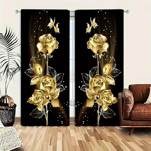 MLUNKQAIL Butterfly Living Room Curtains Gold Roses Curtains with Hooks, Thermal Insulated Blackout Twopage Curtains, Energy Saving Super Soft for Decoration Curtains 90x108 Inch