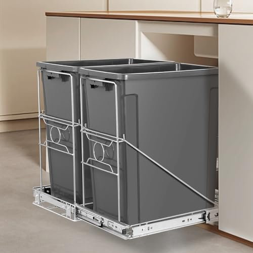 Cubo de basura doble extraíble, estante deslizante ajustable de acero inoxidable para cocina, kit de cubo de basura para armario, se adapta a dos contenedores de 7 a 11 galones (no incluye contenedor,