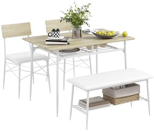 HOMCOM Essgruppe Esstisch mit Bank und 2 Stühlen Platzsparend Küchentisch-Set mit Ablage für 4 Personen Esszimmergruppe für Esszimmer, Küche, Eiche