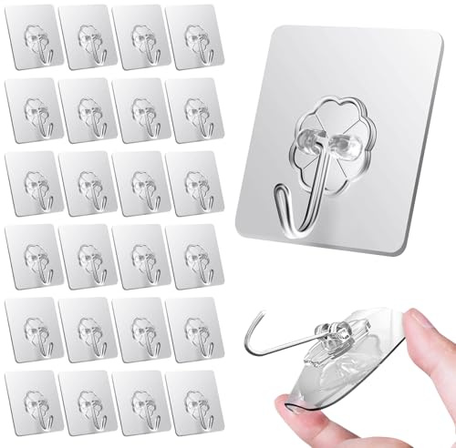 Homes@@Cozy 25 Self Adhesive Hooks Stainless Steel Transparents Hanging 20kg(Max) Bathroom Kitchen Door Wall Waterproof Oil Proof Towel Cloth Coat Ceiling Utility Heavy Duty No Drill