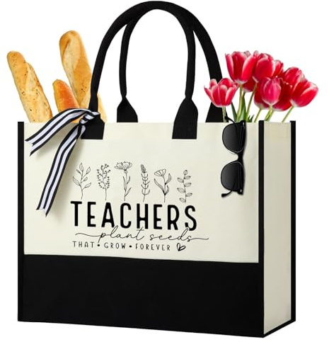 Teacher Appreciation Gifts, Teachers Day Gifts, Reusable Waterproof Personalized Teacher Canvas Tote Bag, Teachers plant seeds that grow forever, Bags Gift for Women Teacher, Teacher Must Haves