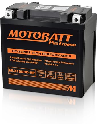 YTX14-BS LiFePO4 - Batería de litio para motocicleta, MotoBatt MLX16UHD-HP ATV UTV de 4 ruedas con mayor potencia de arranque (12 V, 600 CA, 10 A), compatible con piezas KTM, Yamaha, Honda, SUZUKI