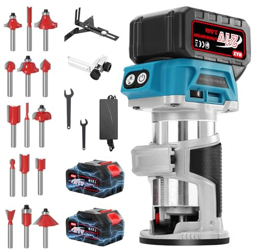 Yofuly Fresatrice Verticale Senza Fili con 2PCS 3.0Ah Baterías, 21V Rifilatore per Legno 800W 30000RPM Con Copertura Antipolvere, Legno Rifilatrice Elettrica Con 15 pezzi 1/4 Fresatura Cuter