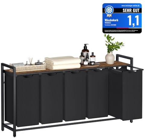 VASAGLE Wäschekorb 5 Fächer, mit Ablage, Metallrahmen, 5 x 40 L | Wäschesack aus Oxford-Gewebe abnehmbar, 143,5 x 33 x 72 cm, tintenschwarz-vintagebraun, BRENTA Kollektion BLH501B01