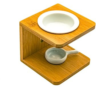 LivuX Lámpara aromática moderna con estructura de madera, cuenco de cerámica y portavelas, 11 cm de alto, 12 cm de ancho, elegante lámpara aromática para aceites aromáticos 1121