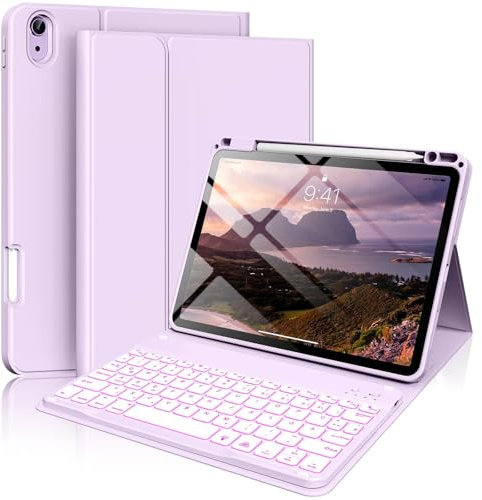 SZPSGC Tastiera per iPad Air 11 pollici M3/M2 (2025/2024), iPad Air 5th/4a Gen (2022/2020) con portapenne, tastiera retroilluminata a 7 colori, copertura tastiera rimovibile senza fili, viola