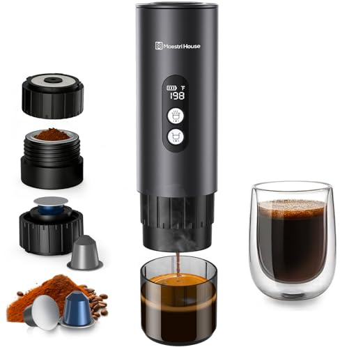 Maestri House Tragbare Akku Kaffeemaschine Selbstheizend | 2-in-1 Camping Espressomaschine kompatibel mit NS Kapseln & gemahlenem Kaffee für Auto Outdoor Reisen