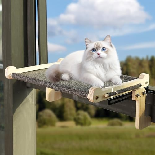 Katzen Fensterliege, 45x36x20cm Katzen Hängematte Fensterplätze, Holz katzenhängebett Fenster, Bequem Katzenliege Fenster Abnehmbar Platzsparendes Design für Große Mehrere Katze bis zu 40kg(Grau)