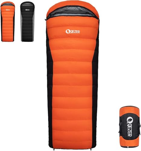 QEZER Dunsovsäck Ultralätt sovsäck med premiumdun 8°C till -3°C [1100 g] för camping, vandring, utomhusbruk, 3-4 säsonger