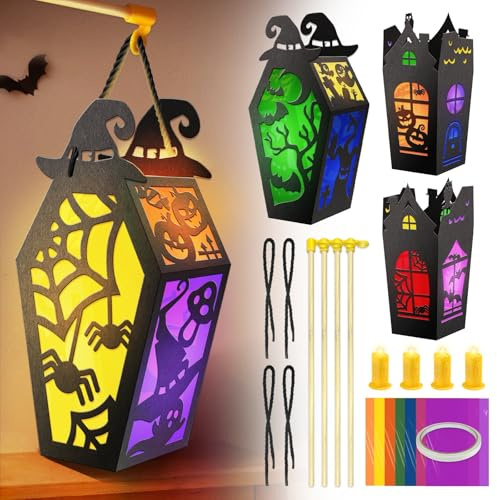 Leboria Laternen Bastelset Halloween Basteln Kinder - 4er Pack Spukhaus, Papierlaternen mit Buntglas Effekt und Licht, Halloween Deko Leuchtend