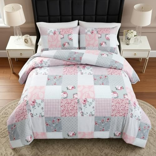 B&B Printed Duvet Cover Set, 100% Rich Cotton Comforter Cover Bedding Sets - Soft, Thick Anti-Allergy 3PCS Quilt Covers with 2 Pillow Shams (Double Size, Floral Grey)