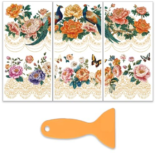 OLYCRAFT 3 st/set med pioner gnuggar på överföringar för möbler och hantverk 15 x 30 cm fasaner möbeldekaler dekor gyllene spets överföringsklistermärken med 1 st skrapa för klippbok fönster