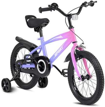 BODIOO Kinderfahrrad 14 Zoll, Fahrrad für Jungen und Mädchen mit Stützrädern, stabilem Rahmen, verstellbarem Sitz, Rücktritt- und Handbremse, geeignet für Fahrer von 94 bis 107 cm (Lila Farbverlauf)