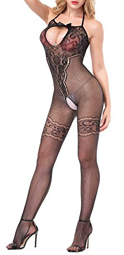 Generico Donna Fishnet Bodystocking Lingerie - Fishnet Intima Pizzo Babydoll Senza Cavallo Mutandine Collant Aperto Bodycon Teddy Catsuit Lingerie Per Donna