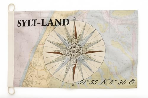 Sylt-Land flagga med vindros och sjökarta – kuststil möter maritim design, ultra-fartygsflaggduk/30 x 20 cm