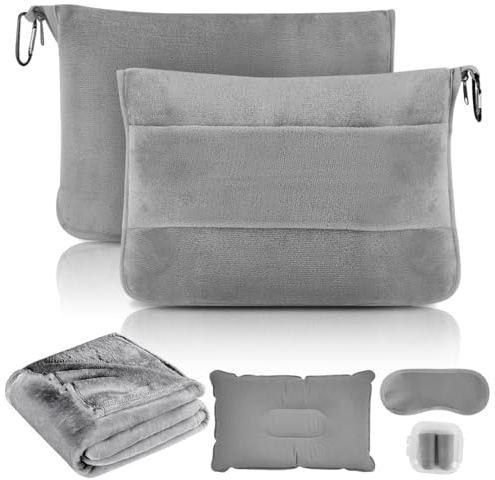 XUTUUDID 3 in 1Reisedecke Ultraleicht und Warm für Flugzeug und Auto - Tragbares Aufblasbares Flugzeug Kissen mit Hülle, Rucksackclip, Gepäckhülle, Augenmaske und Ohrstöpseln (Grau)