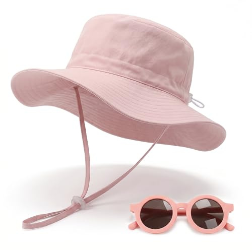 ZAHRVIA Bob Bébé avec Lunettes de Soleil Set, Chapeau Anti UV Bébé Fille Garçon UPF 50+, Bob Enfant Été avec Mentonnière, 3 Tailles pour 6 Mois - 8 Ans, Chapeau Soleil Bébé