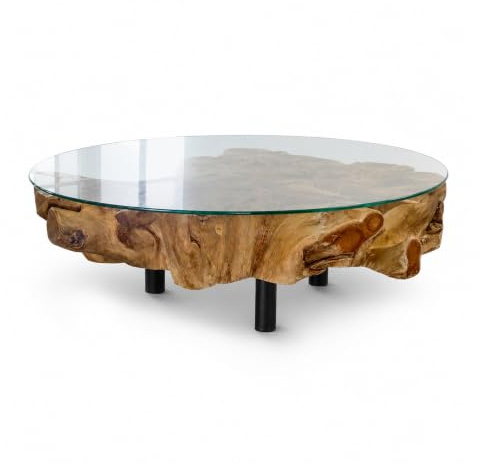 Bressmer NAGA Luxurious Couchtisch Teakholz rund mit Premium qualität Glasplatte Ø100 cm | Exklusiver Wurzelholz Couchtisch aus Massivem Teak | 100% Handarbeit moderner wohnzimmertisch Teak
