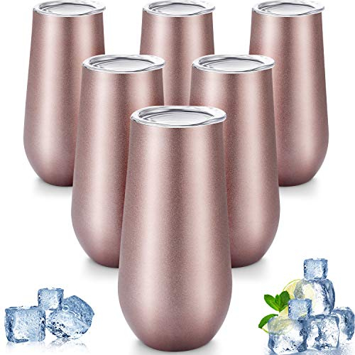 Maxdot Juego de 6 copas de champán sin pie de doble aislamiento con tapas, 177 ml, de acero inoxidable irrompible, tazas de café, copas de vino 6 rosa oro