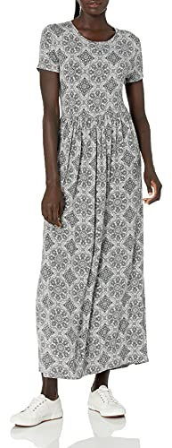 Amazon Essentials dam kortärmad midja maxiklänning (finns i plusstorlek), grå ljung kakelmönster, X-Small