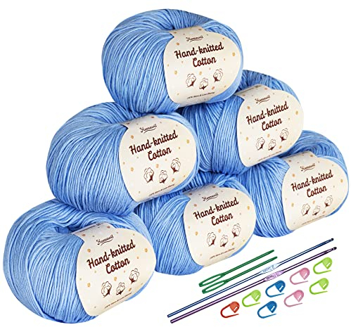 6 Pack Natural Yarn for Crochet, Cotton Super Soft Crochet Yarn for Knitting, 50g Worsted Lightweight Cotton Yarn for Crochet with Crochet Hooks/Suture Needle/Mark Buckles, for DIY Knitting, Blue