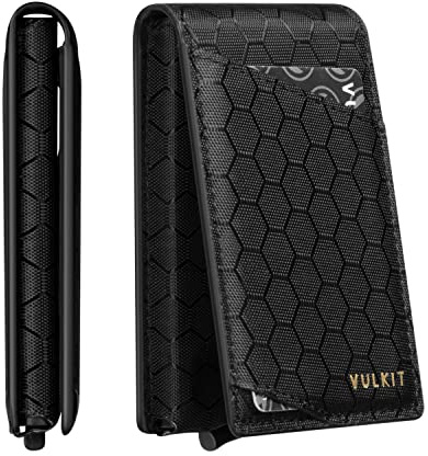 VULKIT Slim Plånbok för män Pop Up-korthållare Minimalistisk Bifold-plånbok RFID-blockerande magnetisk stängning Rymmer 12 kort (Black-Grid)