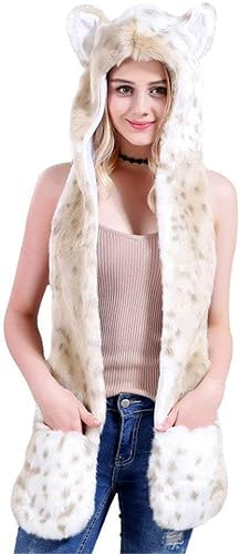 Zipits Nwlzx 3-in-1 Damen Winter Kapuzenschal mit Fäustlingen Thermal Kunstpelz Kapuzenschal Neckwarmer Hoodie Tasche Warmer Outdoor-Ohrschal Winddicht Kälteschutz Mütze Schal Handschuhe Set (14)