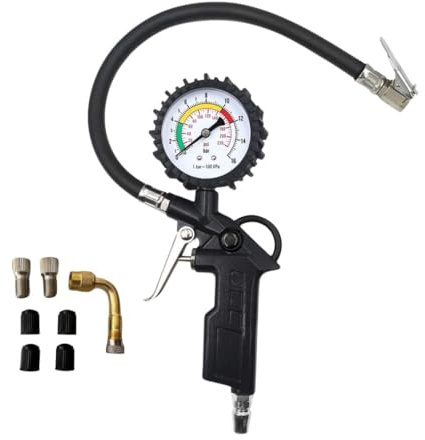 A.M.C. Pistola Gonfiaggio Pneumatici Professionale con Manometro Pressione tra 0-220 Psi e 0-16 Bar per Pressione Gomme di Auto Moto Camion e Biciclette