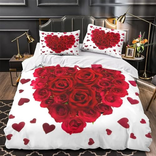 Cuore rosso - Rosa floreale - San Valentino Copripiumino 3D Stampa Digitale 3 Pezzi Set Copripiumino Set Di Biancheria Da Letto Con Cerniera E Federe Microfibra Morbido Per Bambini King（220x240cm）