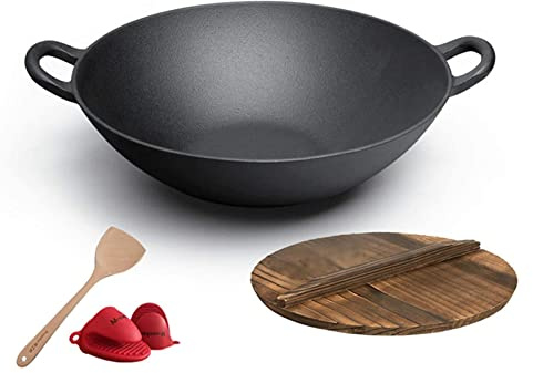YHEIANJ Padella Wok Cinese in ghisa Pre-stagionata, Padella Antiaderente in Ferro con Manico e Coperchio in Legno per soffriggere, Grigliare, friggere, cuocere a Vapore