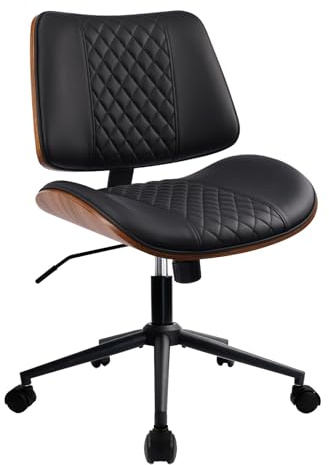 Durrafy Bürostuhl ohne Armlehnen, PU-Leder Schreibtischstuhl mit Walnusssockel, Moderner Drehstuhl für Homeoffice, höhenverstellbar mit Wippfunktion, bis 136 kg belastbar, 360° drehbar, Schwarz-Braun